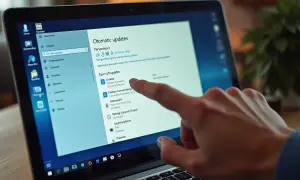 Palec wskazuje opcję "Turn off updates" na ekranie laptopa, pokazując, jak wyłączyć aktualizacje Windows 10.