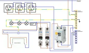 Schemat instalacji elektrycznej TN-C z gniazdkami, oświetleniem i wyłącznikami.