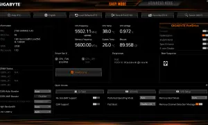 Ekran **Gigabyte BIOS** w trybie Easy Mode, pokazuje informacje o CPU, RAM, temperaturach i ustawieniach wentylatorów.