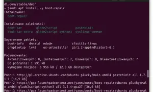 Instalacja pakietu boot-repair w terminalu Ubuntu. Wymaga on m.in. boot-sav i glade2script.