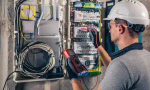 Elektryk w kasku dokonuje odbioru instalacji elektrycznej, używając multimetru do sprawdzenia napięcia.