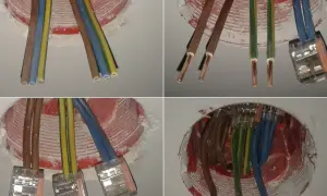 Instalacja elektryczna: przewody brązowy, niebieski i żółto-zielony przygotowane do podłączenia. Jaki kabel do gniazdek? Tu widać połączenia.