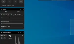 Widok zrzutu ekranu Windows z panelami Ujęcie, Dźwięk i Wydajność.
