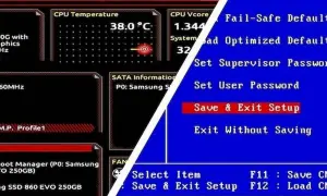 Ekran BIOS-u, gdzie widzimy temperaturę CPU 38°C i opcje takie jak "Save & Exit Setup". To właśnie BIOS co to jest, pozwala na konfigurację sprzętu.