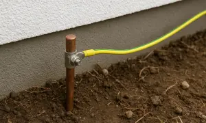 Miedziany pręt wbity w ziemię, do którego podłączony jest żółto-zielony przewód. To kluczowy element, jak zrobić uziemienie w starej instalacji, zapewniający bezpieczeństwo.