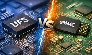 UFS kontra eMMC na tle obwodów drukowanych. Błyskawice symbolizują starcie technologii.