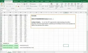Arkusz kalkulacyjny Excel z danymi i formułą ODCH.STANDARDOWE. Obliczenia w Excelu pokazują mnożenie wartości.