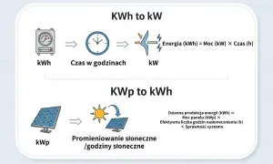 Wykres wyjaśnia, jak obliczyć moc elektryczną (kW) z energii (kWh) i czasu, oraz jak oszacować produkcję energii z paneli słonecznych.