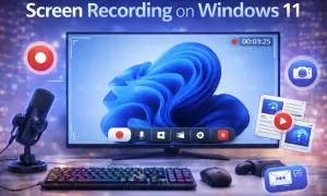 Nagrywanie ekranu Windows 11 z mikrofonem i klawiaturą gamingową. Widoczny interfejs nagrywania z przyciskiem start.