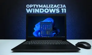 Laptop z ekranem Windows 11 i menu Start. Napis "Optymalizacja Windows 11" nad ekranem. Obok myszka komputerowa.