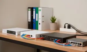 Kilka urządzeń sieciowych, w tym routery i switch, podłączone kablami Ethernet.