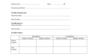 Protokół przekazania lokalu, zawiera pola do wpisania danych, w tym numerów i stanów liczników (energetycznego, gazowego, wodnych). Przepisanie licznika PGNIG jest kluczowe.