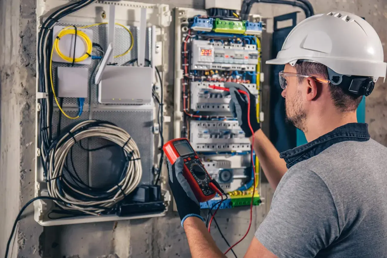 Elektryk w kasku dokonuje odbioru instalacji elektrycznej, używając multimetru do sprawdzenia napięcia.