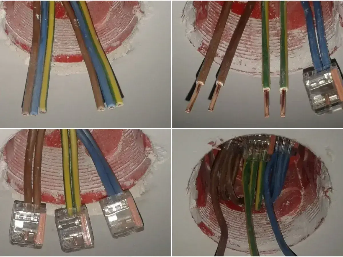 Instalacja elektryczna: przewody brązowy, niebieski i żółto-zielony przygotowane do podłączenia. Jaki kabel do gniazdek? Tu widać połączenia.