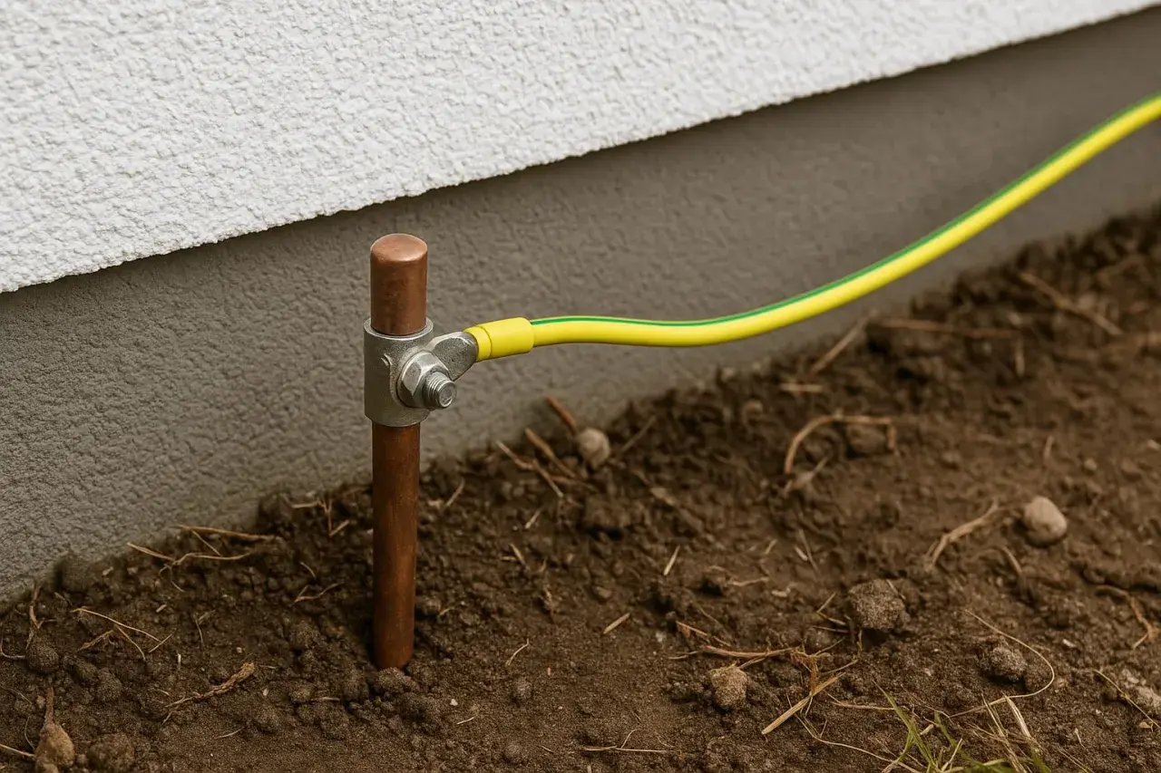 Miedziany pręt wbity w ziemię, do którego podłączony jest żółto-zielony przewód. To kluczowy element, jak zrobić uziemienie w starej instalacji, zapewniający bezpieczeństwo.