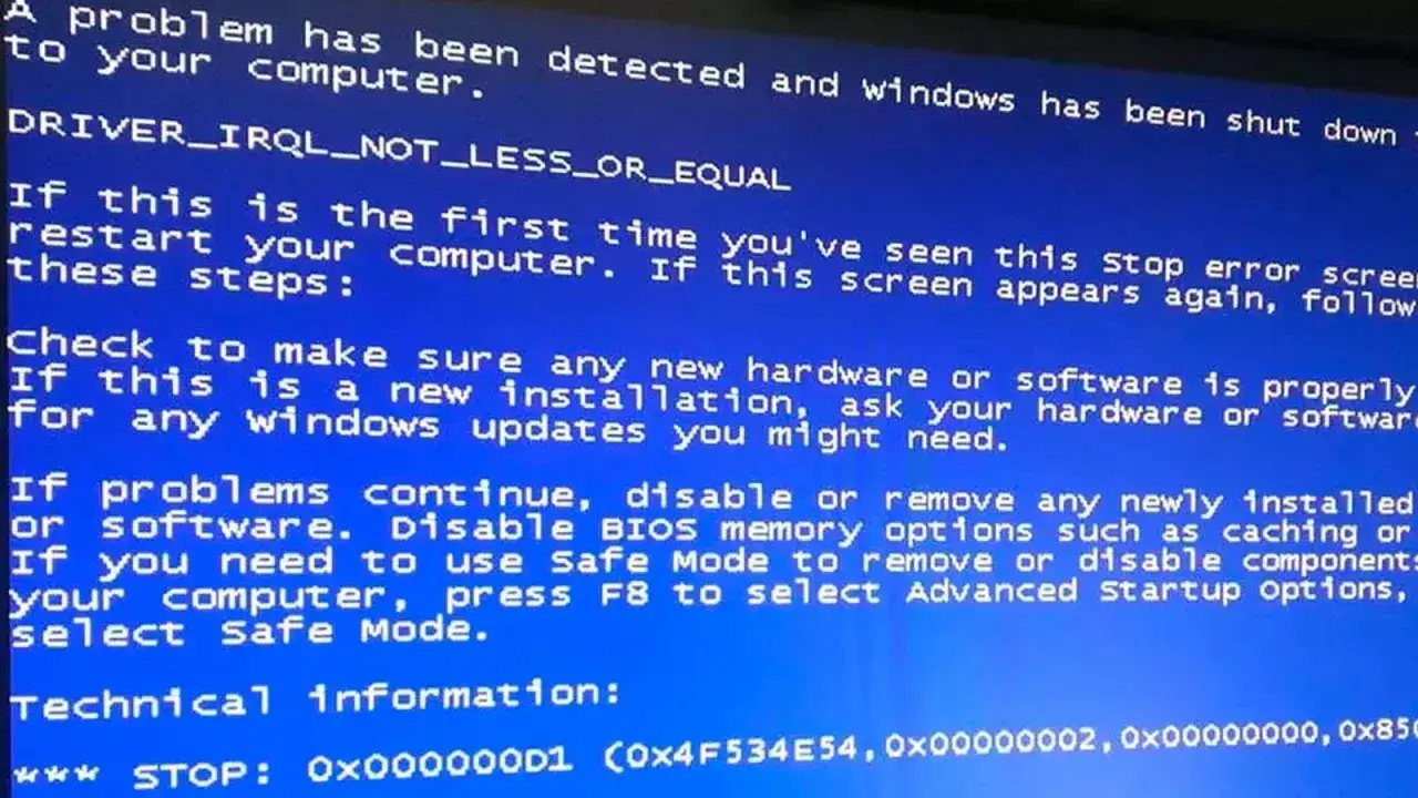 Niebieski ekran śmierci Windows z błędem DRIVER_IRQL_NOT_LESS_OR_EQUAL. Komputer wymaga restartu.