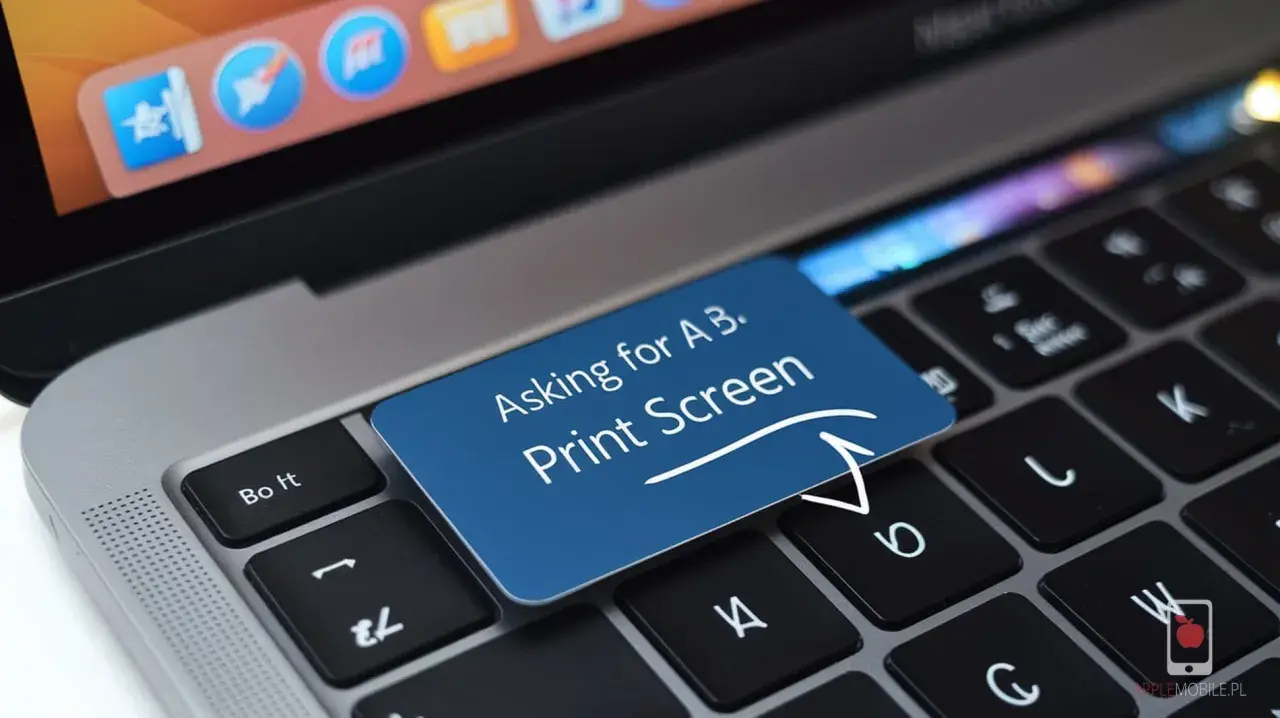 Niebieska naklejka na klawiaturze laptopa z napisem "Asking for A B. Print Screen". To jest screen.