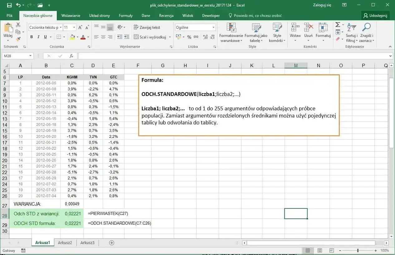 Arkusz kalkulacyjny Excel z danymi i formułą ODCH.STANDARDOWE. Obliczenia w Excelu pokazują mnożenie wartości.