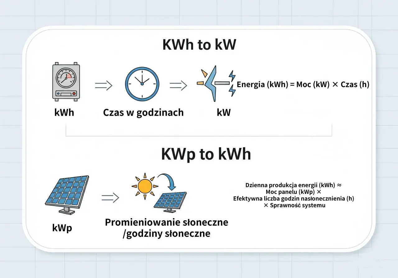 Wykres wyjaśnia, jak obliczyć moc elektryczną (kW) z energii (kWh) i czasu, oraz jak oszacować produkcję energii z paneli słonecznych.