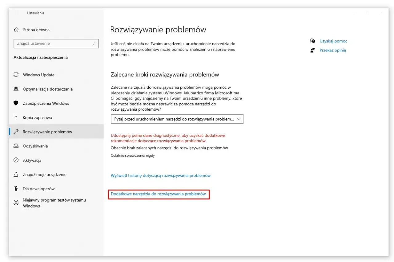 Ekran ustawień Windows z sekcją "Rozwiązywanie problemów". Widoczny przycisk "Dodatkowe narzędzia do rozwiązywania problemów", który może pomóc w rozwiązaniu problemów, np. błędu 0x80070002.