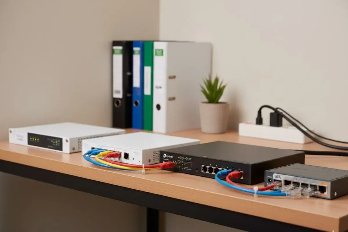 Kilka urządzeń sieciowych, w tym routery i switch, podłączone kablami Ethernet.