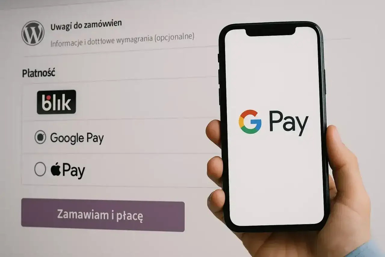 Telefon z logo Google Pay obok opcji płatności na stronie internetowej. Dowiedz się, jak płacić telefonem.