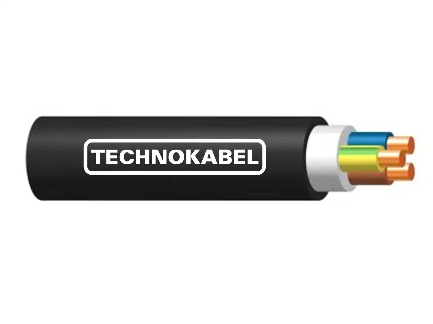 Kabel Technokabel z widocznymi żyłami, gotowy do przesyłu prądu trójfazowego.