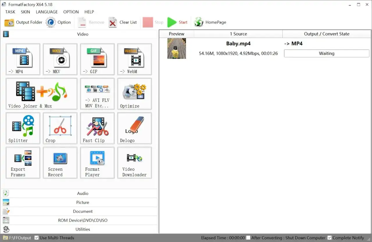 FormatFactory – program do konwersji wideo, audio i obrazów. Widoczny ekran główny z opcjami konwersji MP4, MKV, GIF, WebM.