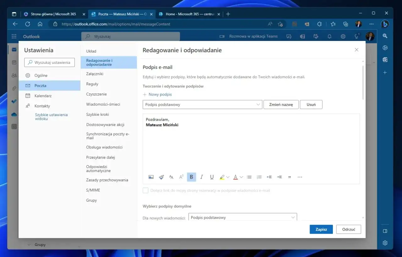 Ustawienia poczty w Outlook: jak ustawić stopkę w Outlook. Widok edycji podpisu e-mail.
