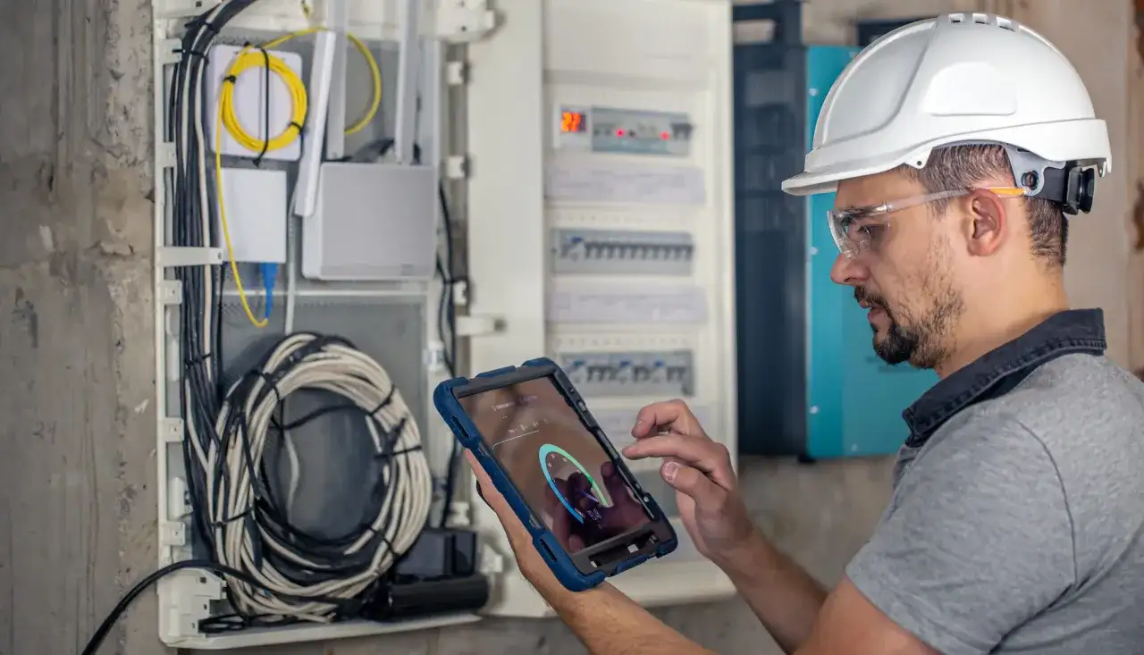 Elektryk w kasku i okularach ochronnych wykonuje przegląd instalacji elektrycznej, korzystając z tabletu z aplikacją diagnostyczną.