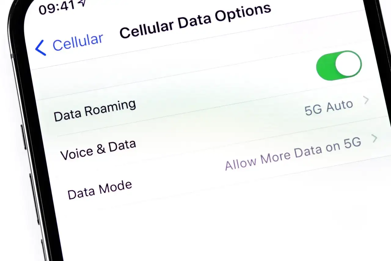 Ustawienia telefonu: jak sprawdzić czy mam włączony roaming. Widoczny przełącznik "Data Roaming" jest zielony, co oznacza, że roaming jest aktywny.