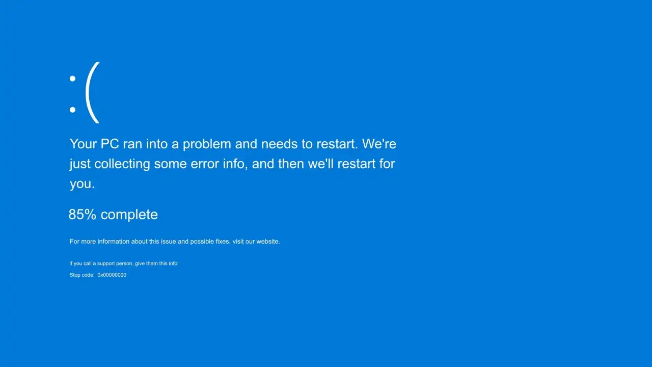 Niebieski ekran błędu Windows z uśmiechniętą buźką i komunikatem o problemie. Komputer napotkał unexpected store exception i zbiera informacje przed restartem.