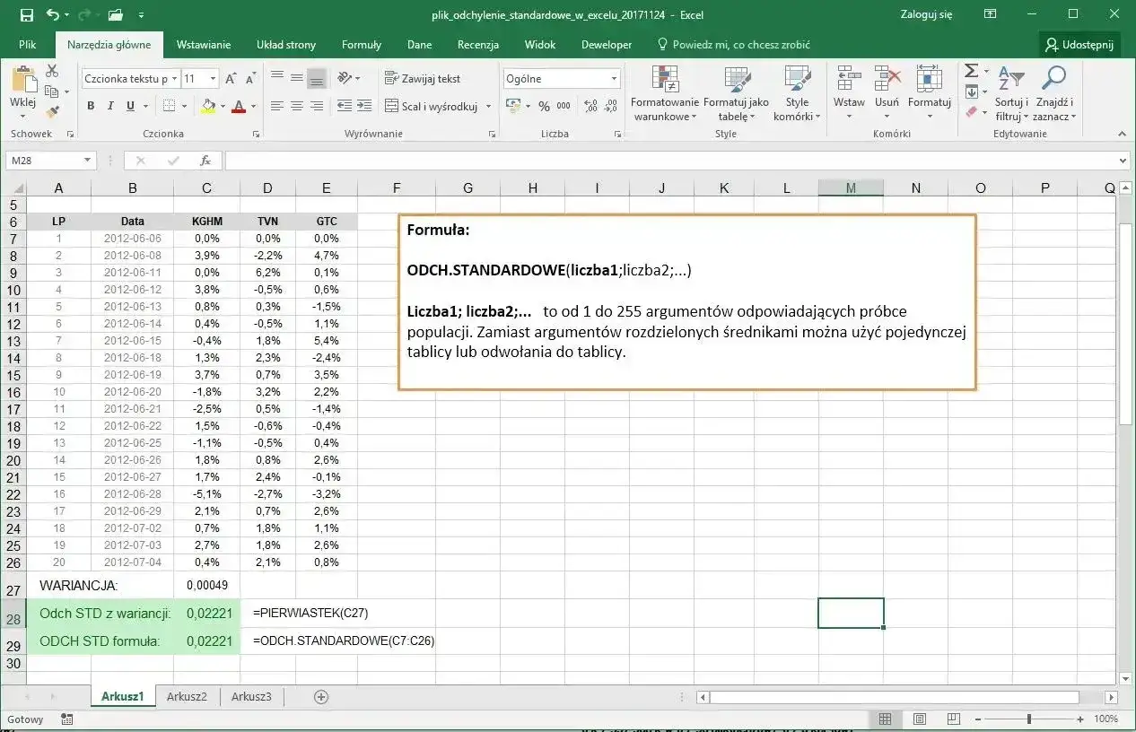 Arkusz kalkulacyjny Excel z danymi i formułą ODCH.STANDARDOWE. Obliczenia w Excelu.