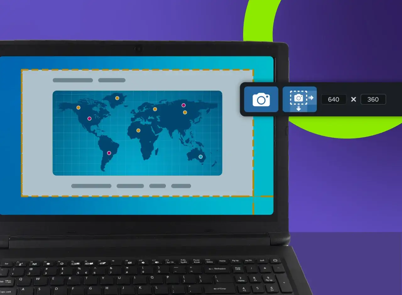 Jak nagrywać ekran na laptopie? Na ekranie laptopa mapa świata, a obok ikony do nagrywania i zrzutów ekranu.
