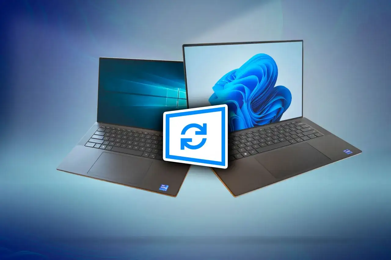 Dwa laptopy, jeden z Windows 10, drugi z Windows 11, obok symbolu aktualizacji. Czas na przesiadkę, bo zbliża się koniec wsparcia dla Windows 10.