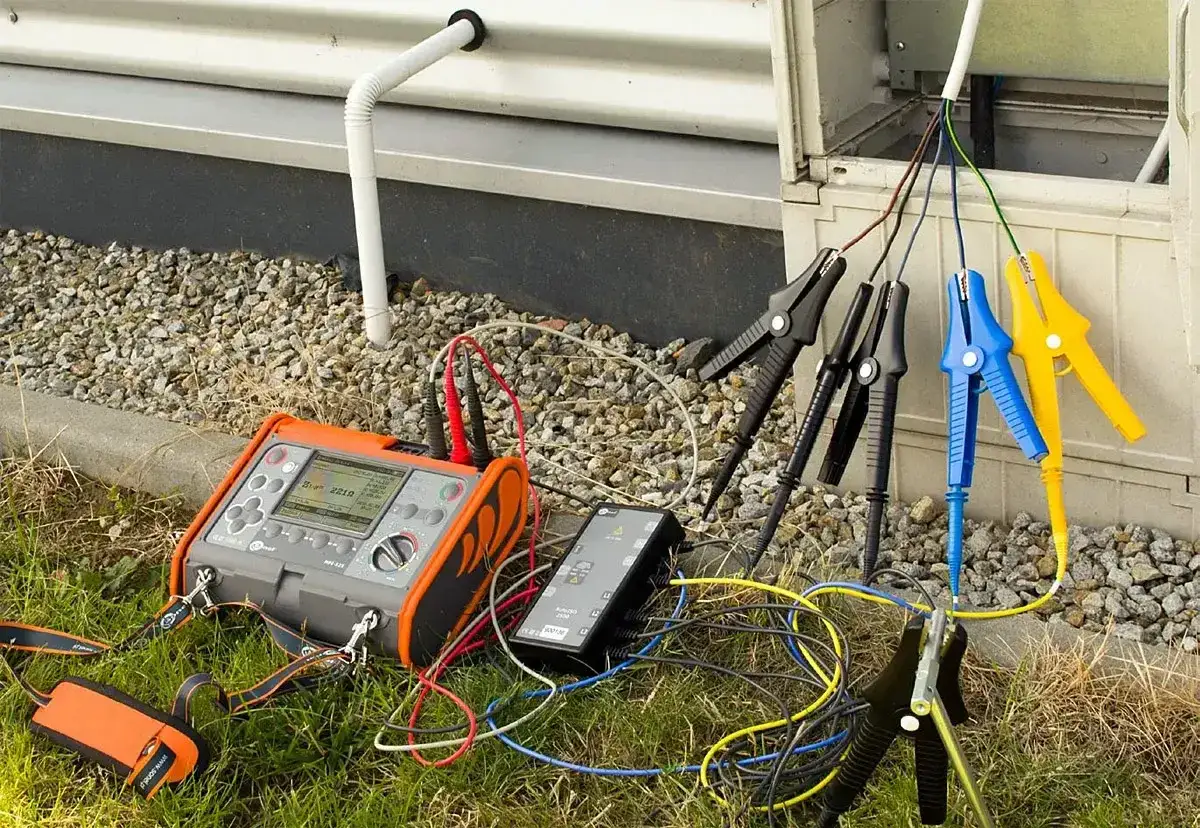 Przyrząd do pomiaru rezystancji izolacji podłączony do przewodów instalacji elektrycznej.