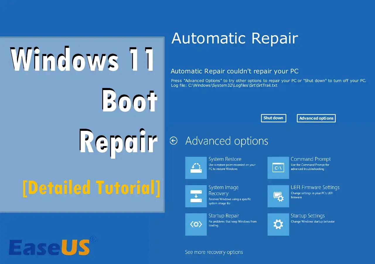 Ekran naprawy automatycznej systemu Windows 11, pokazujący opcje takie jak Przywracanie systemu, Naprawa systemu i Wiersz poleceń. Windows Boot Manager.