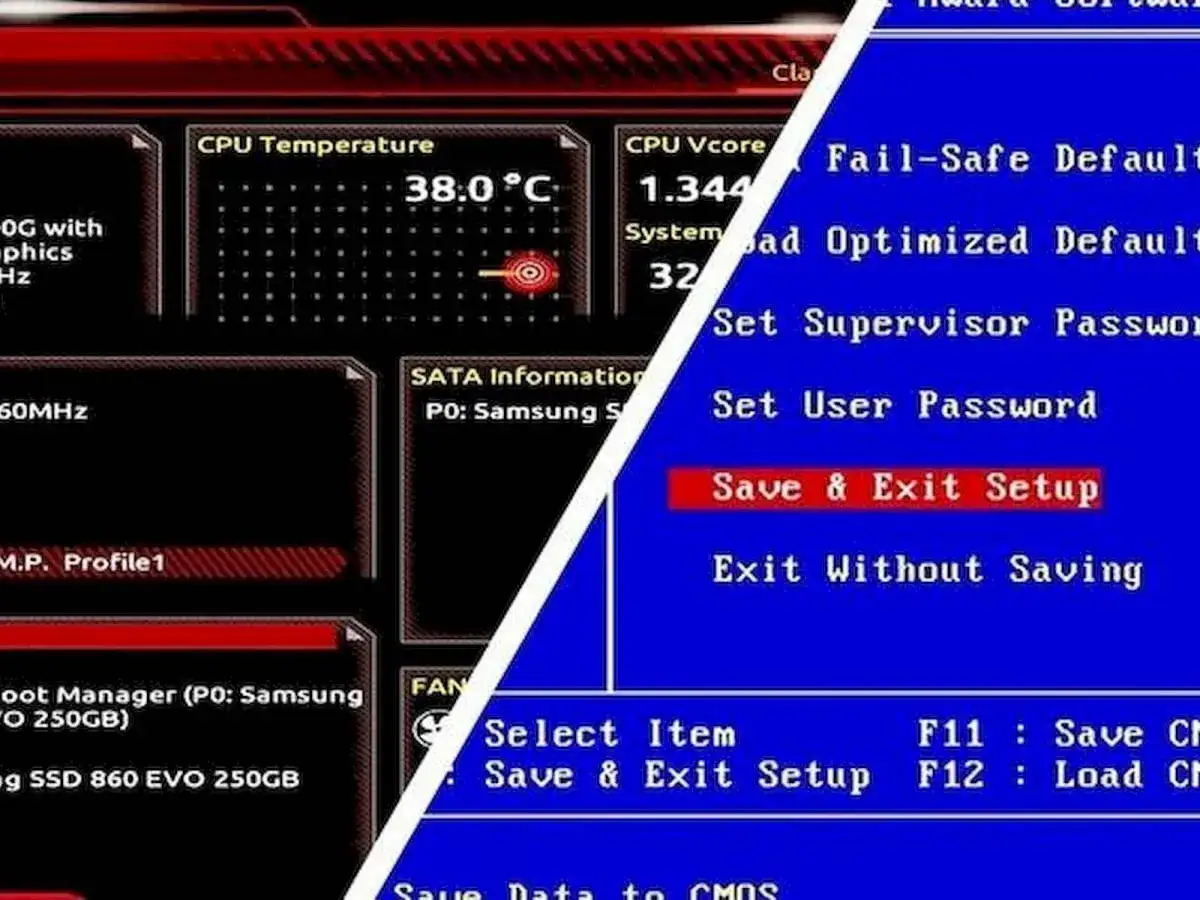 Ekran BIOS-u pokazuje temperaturę CPU 38°C i opcje takie jak 
