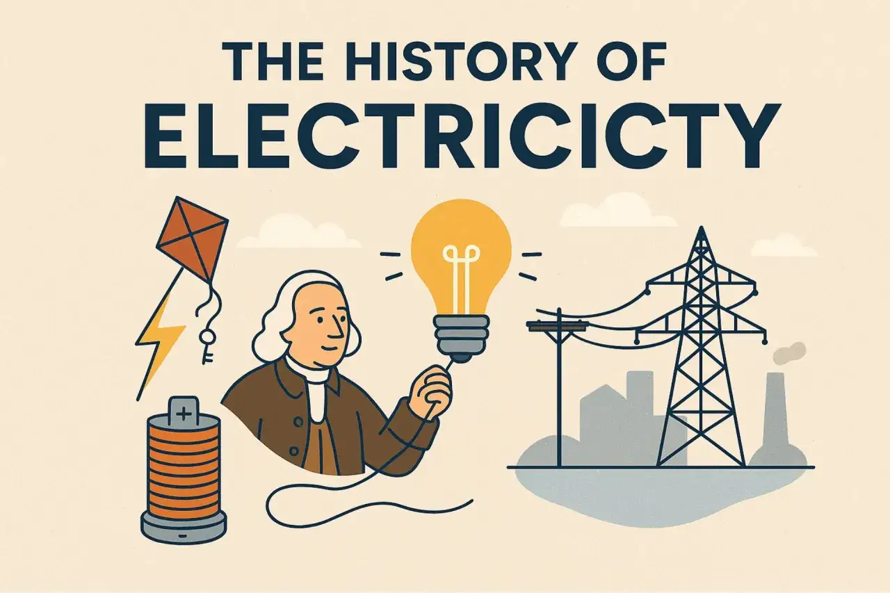 Benjamin Franklin, znany z eksperymentów z latawcem, symbolizuje historię tego, kto wynalazł prąd, od baterii po żarówkę i linie energetyczne.