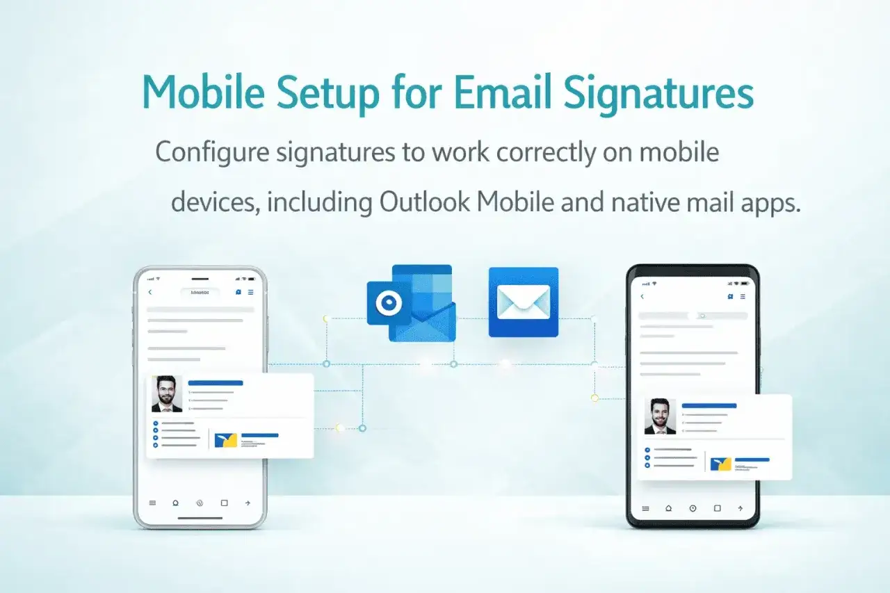 Jak ustawić stopkę w Outlook na urządzeniach mobilnych? Ilustracja pokazuje konfigurację sygnatur e-mail na smartfonach.