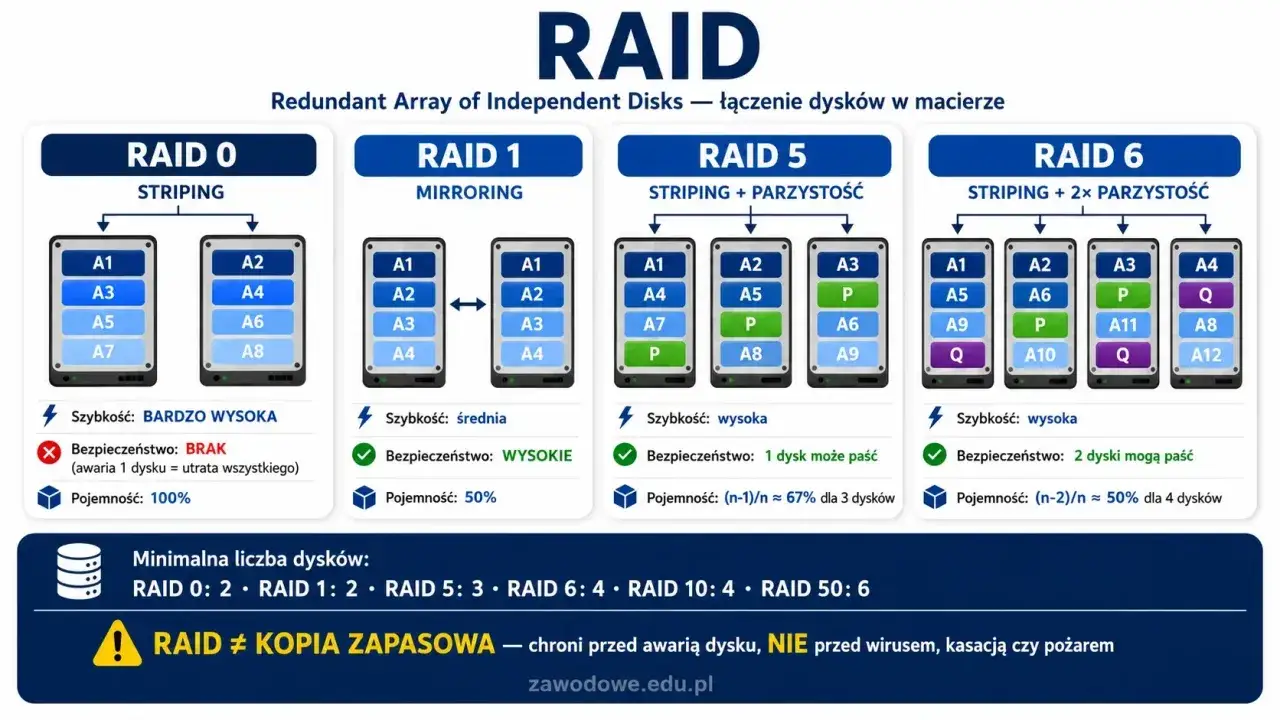 Schemat porównujący różne poziomy macierzy dyskowej RAID: RAID 0, 1, 5 i 6, z opisem szybkości, bezpieczeństwa i pojemności.