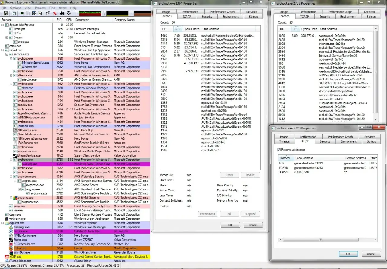 Proces svchost.exe, kluczowy dla działania systemu Windows, jest widoczny na liście procesów.