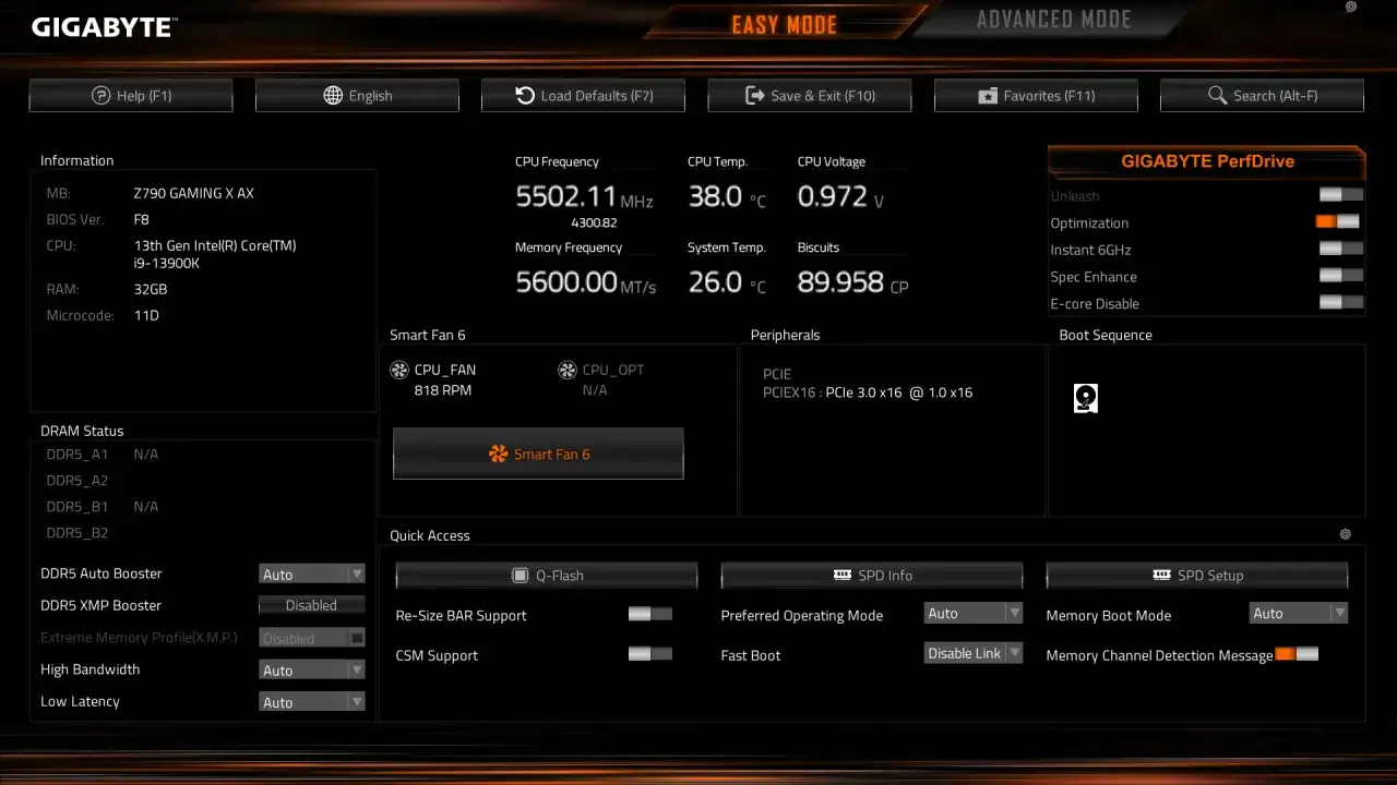 Ekran Gigabyte BIOS w trybie Easy Mode, pokazujący informacje o CPU, RAM, temperaturach i ustawieniach wentylatorów.