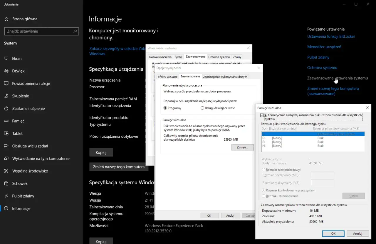 Ustawienia pamięci wirtualnej systemu Windows, gdzie plik pagefile.sys działa jak RAM. Widoczny jest całkowity rozmiar plików stronicowania 25965 MB.