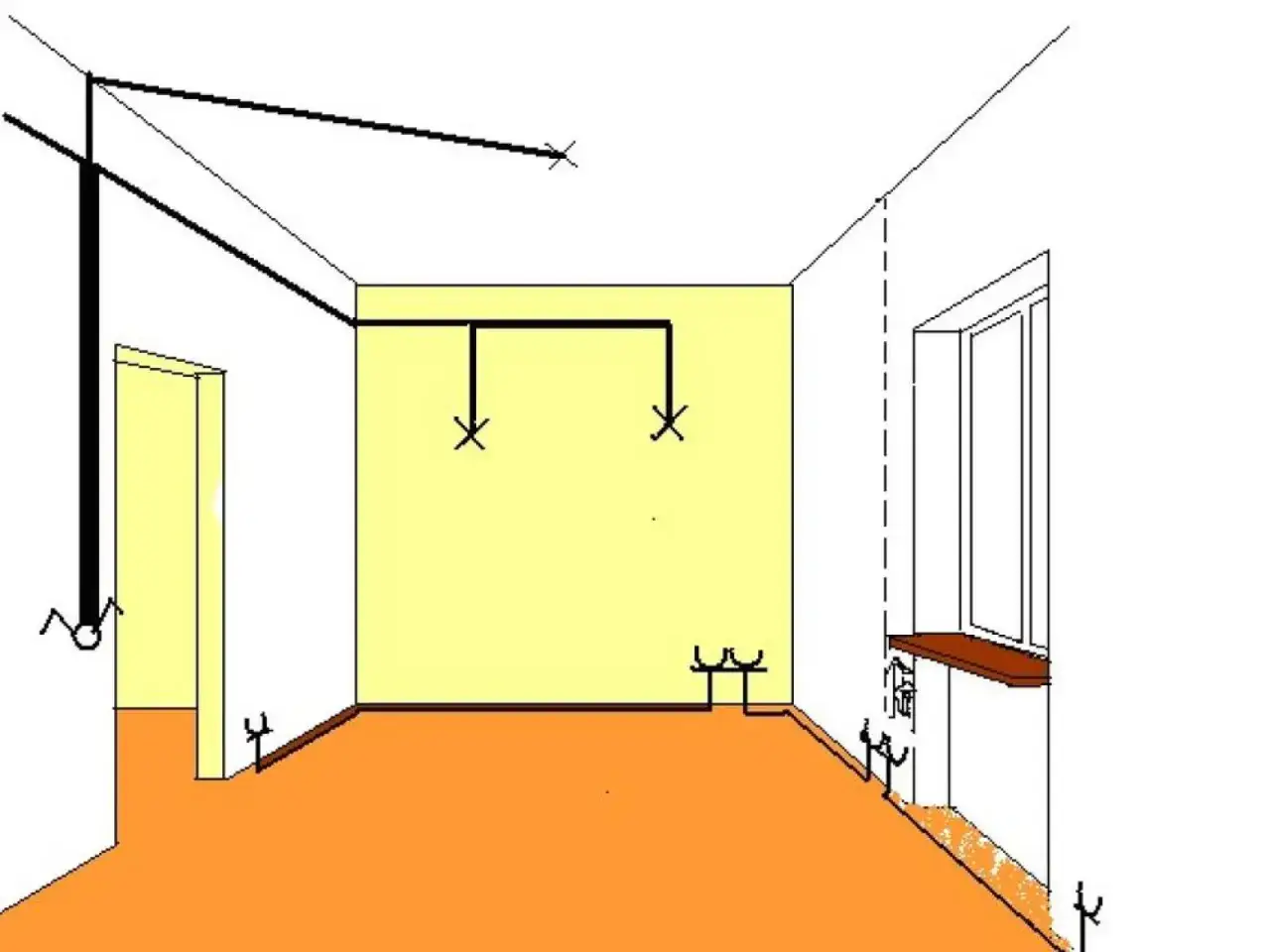 Schemat instalacji elektrycznej w pokoju, pokazujący mostkowanie gniazdka i punkty świetlne.