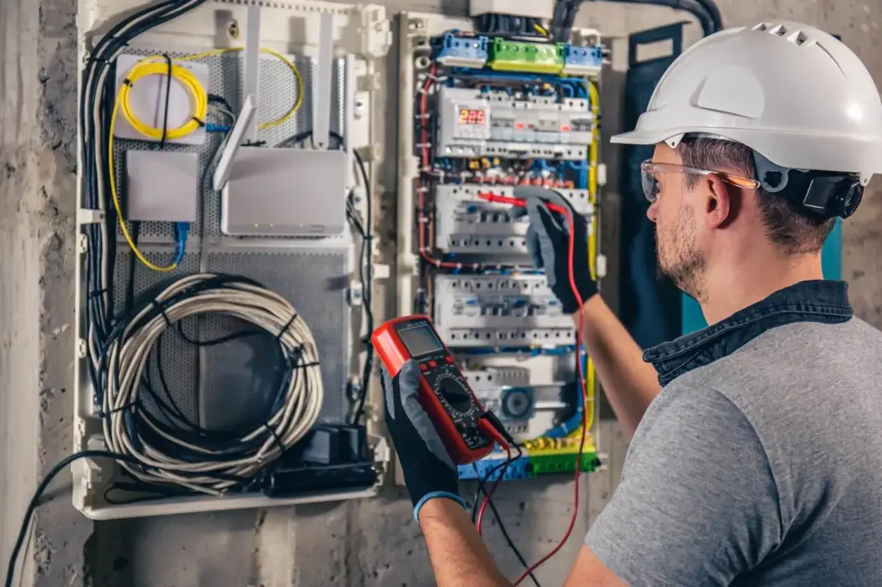 Elektryk w kasku dokonuje odbioru instalacji elektrycznej, używając multimetru do sprawdzenia przewodów.