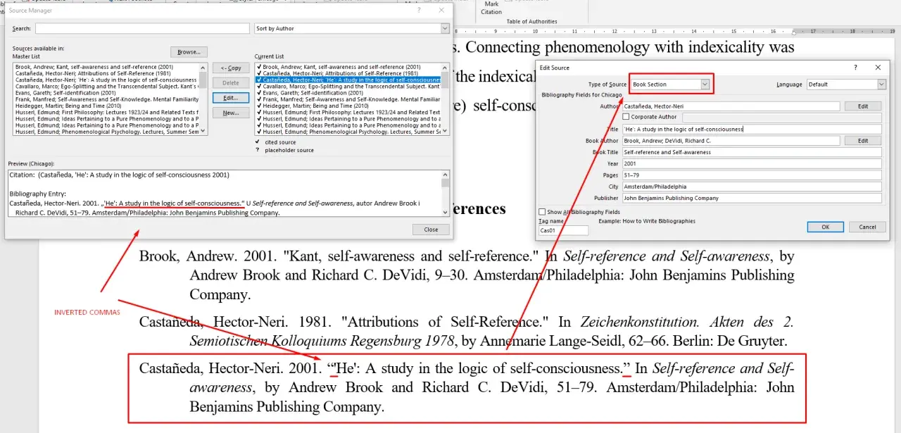 Jak zrobić bibliografię w Wordzie: edycja źródła, wybór typu "Book Section" i uzupełnianie danych.