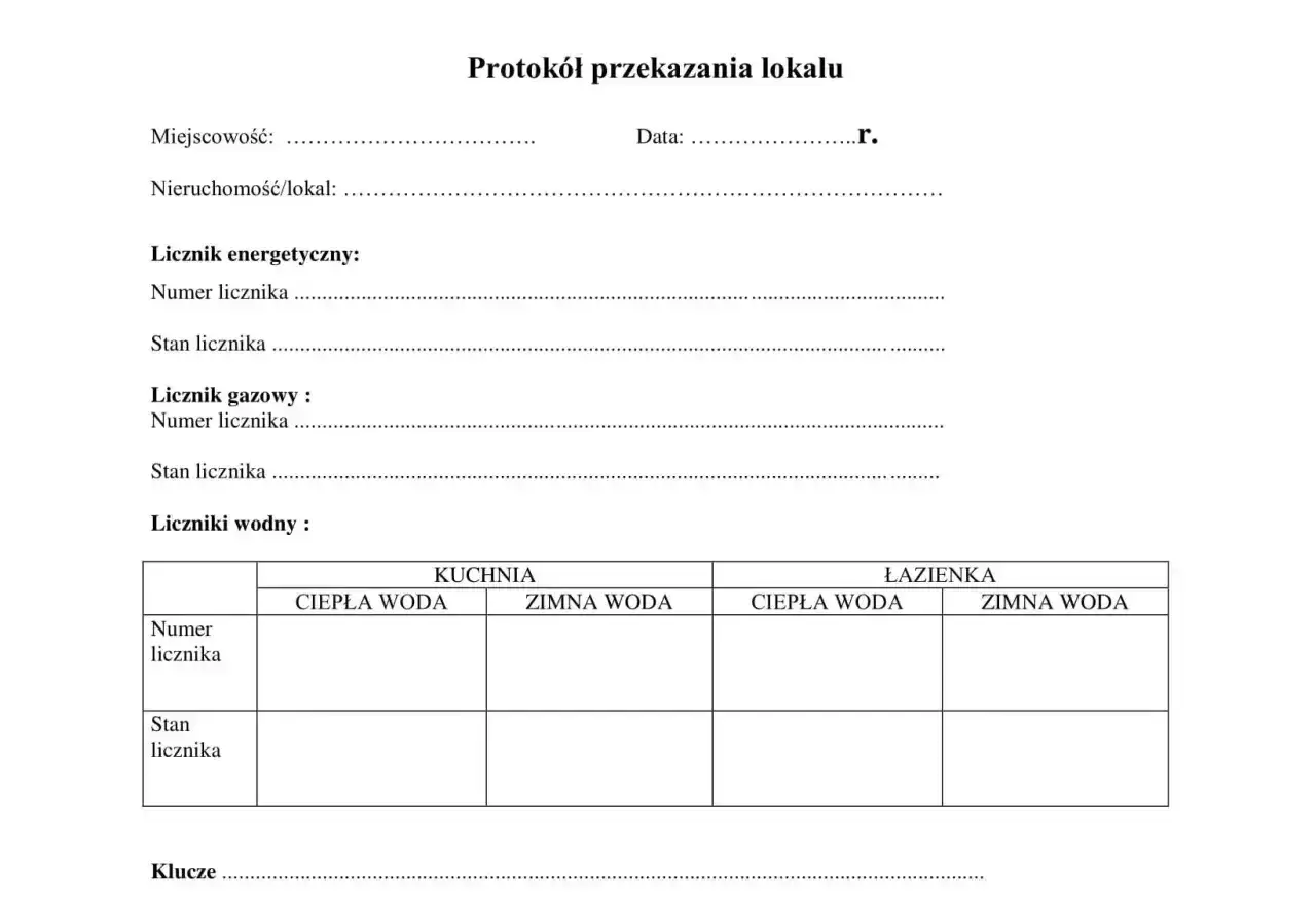 Protokół przekazania lokalu, zawiera pola do wpisania danych, w tym numerów i stanów liczników (energetycznego, gazowego, wodnych). Przepisanie licznika PGNIG jest kluczowe.
