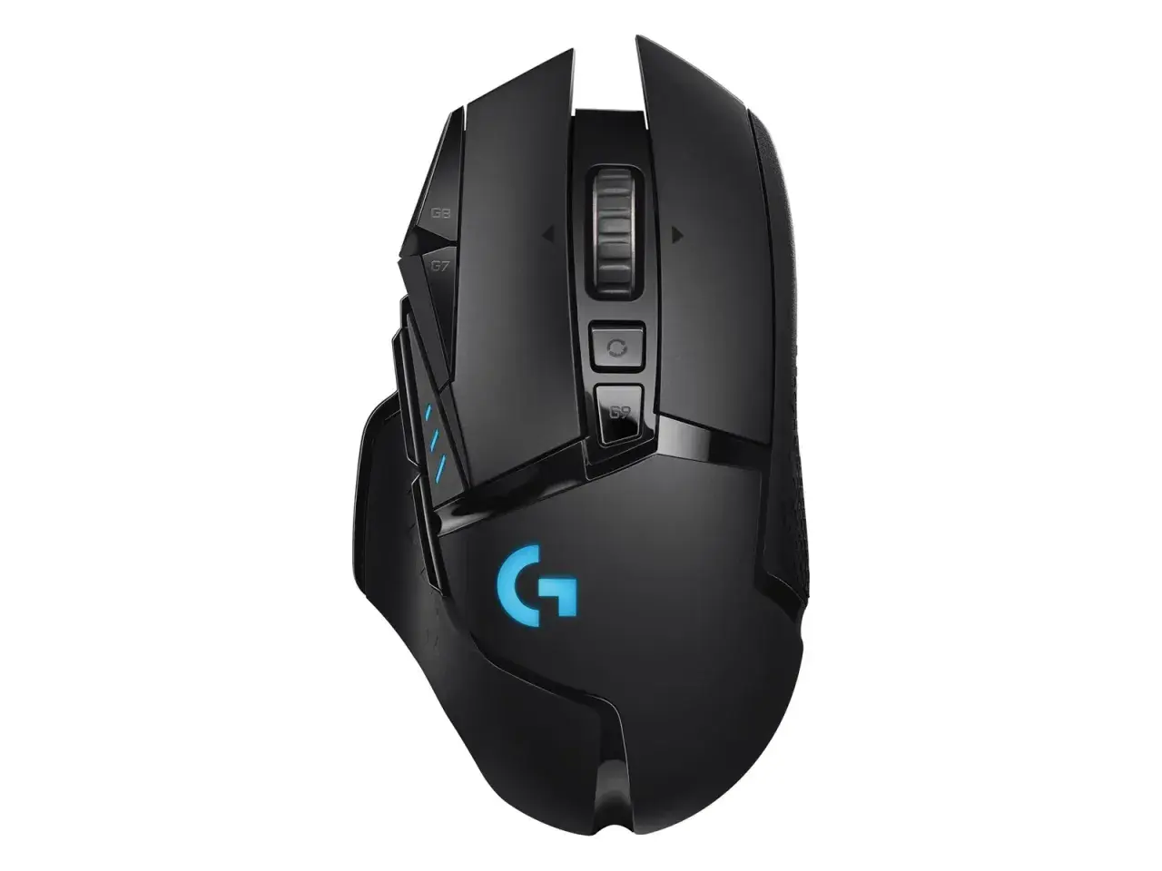 Czarna, gamingowa myszka bezprzewodowa Logitech G z podświetlanym logo. Idealna do rankingu myszek bezprzewodowych.