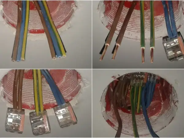 Instalacja elektryczna: przewody brązowy, niebieski i żółto-zielony przygotowane do podłączenia. Jaki kabel do gniazdek? Tu widać połączenia.